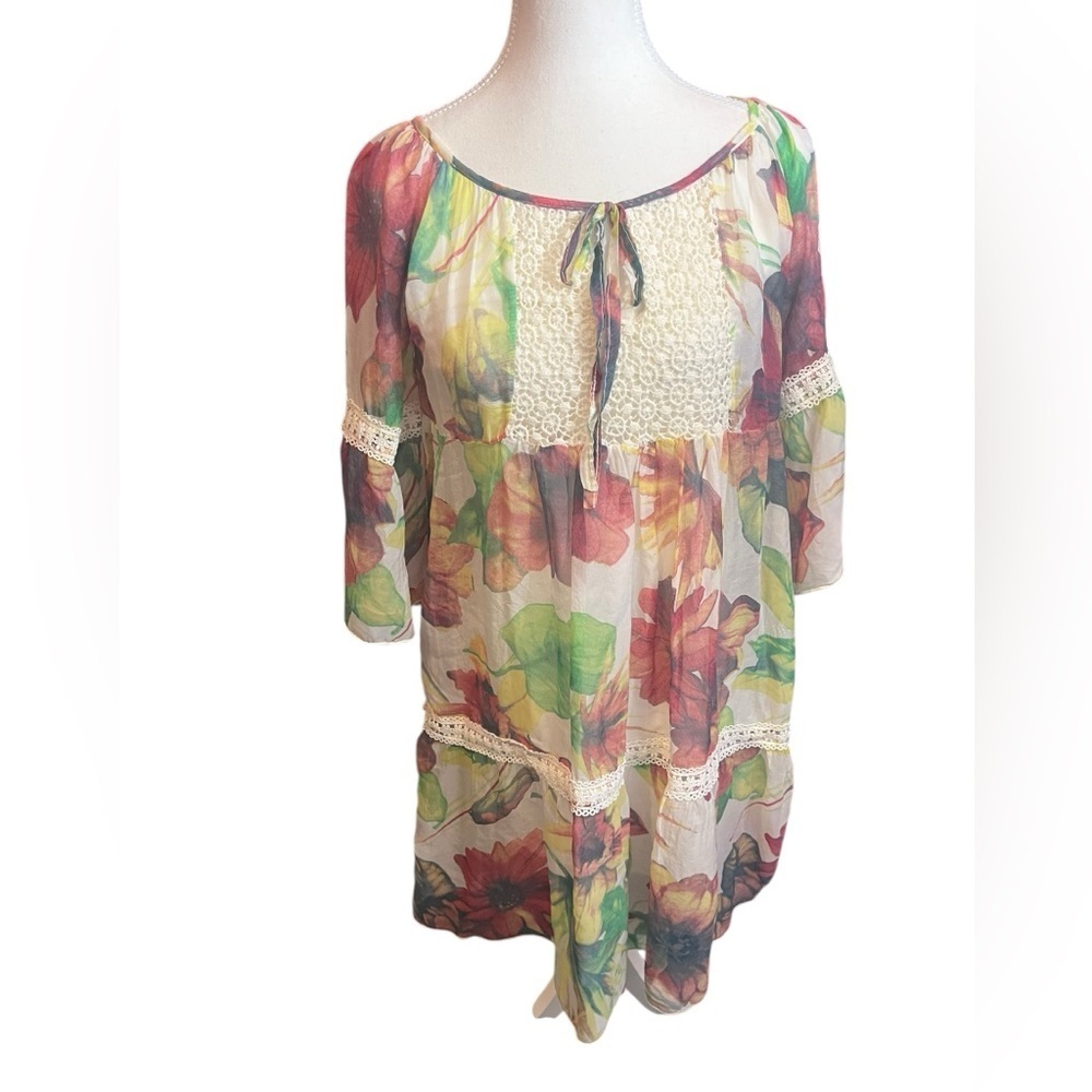 Bellambia silk Floral Women's babydoll dress floral sheer silk lined M Italian